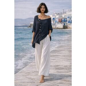 SKIF Skifo Navy Knit Cardigan Asymmetric Buttons Coastal Boho Resort Top S/M